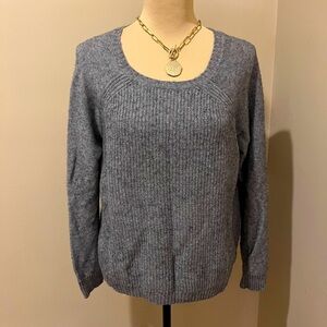J Crew Wool blend grey scoop neck sweater, Brown elbow patches, size Large
